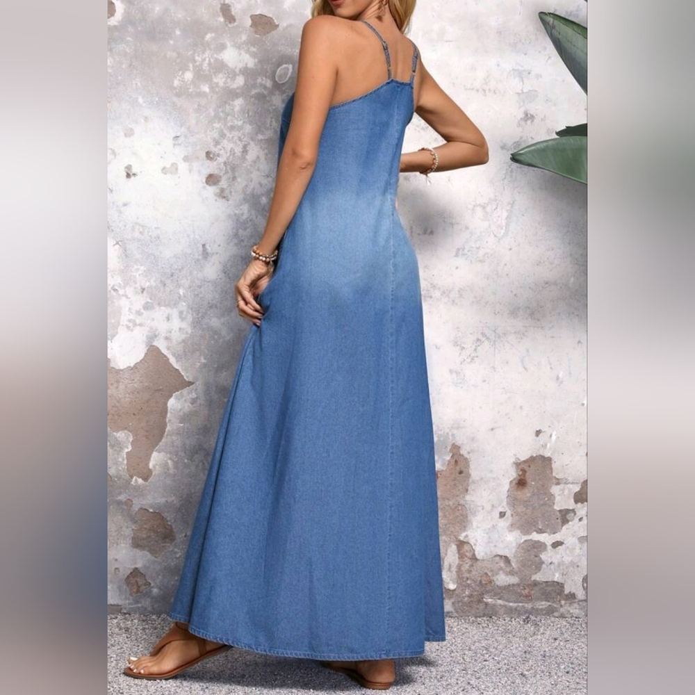 New Casual Woven Cotton Denim Cami Jumper Dress Blue - Picture 6 of 9